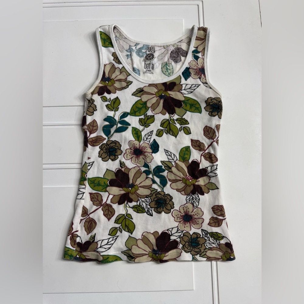 Zoey Beth White Floral Cotton Tank Top Size Medium M